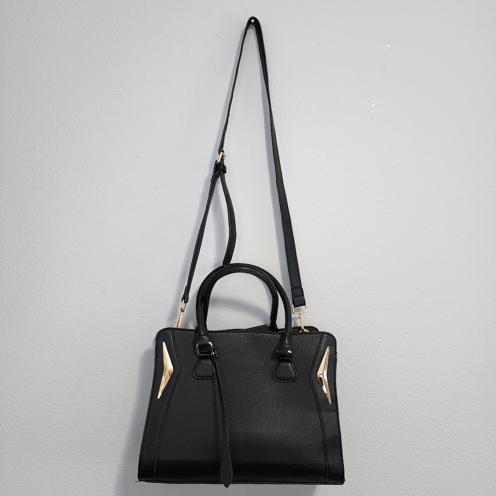 Faux leather satchel purse with adjustable shoulder strap in black